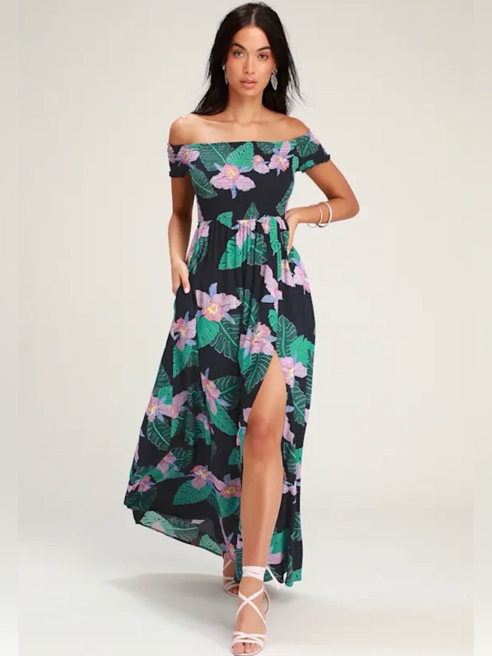 Lulu's Patsy navy blue floral print off the shoulder dress